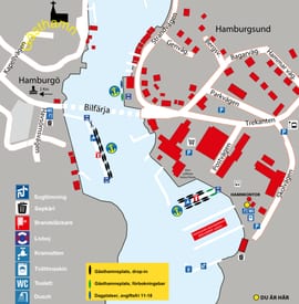 Karta över Hamburgsunds gästhamn och området runt hamnen
